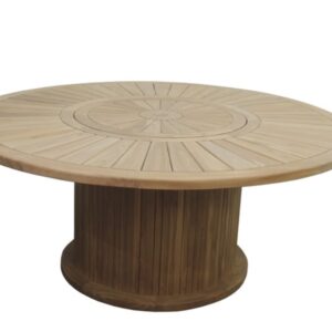 Round, teak outdoor dining table. Pedastal style i.e. no legs. From Kingsley Smythe.