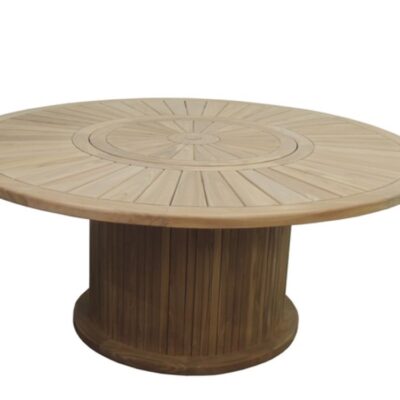 Round, teak outdoor dining table. Pedastal style i.e. no legs. From Kingsley Smythe.