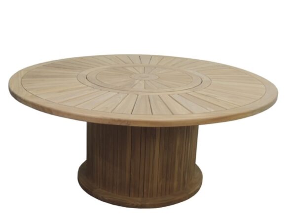 Round, teak outdoor dining table. Pedastal style i.e. no legs. From Kingsley Smythe.