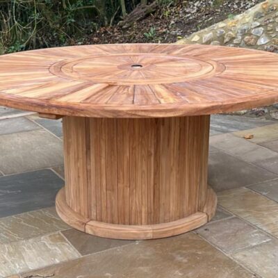 Large, circular, 10 seater teak garden dining table. Pedastal style (no legs!) From Kingsley Smythe