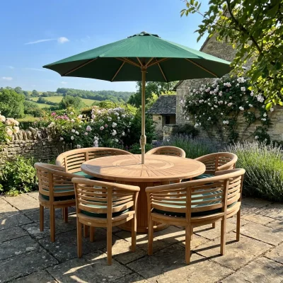 Duke 180cm round table with 4 Bowood benches, free bench cushions and a free parasol
