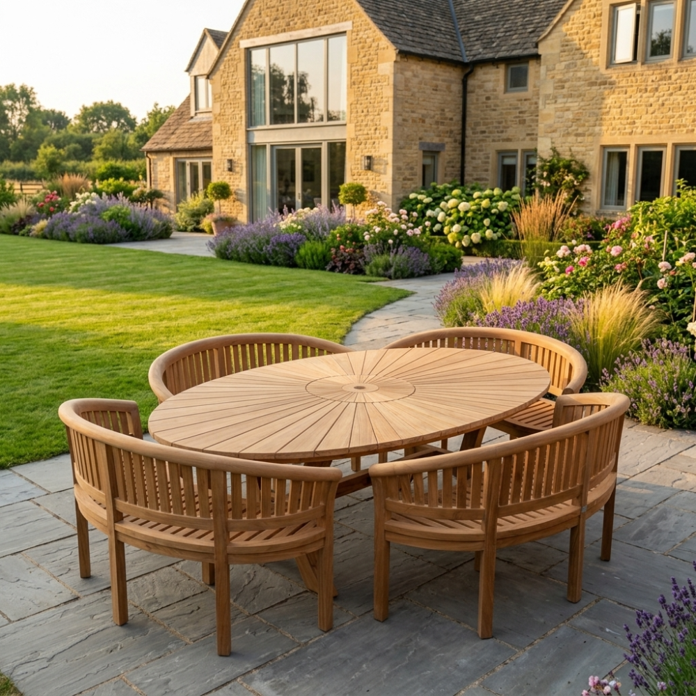 Round wooden dining table with six matching chairs on a stone patio, in a well-kept garden beside a stone house.