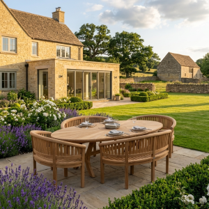 Stone country house with glass extension and manicured garden; round wooden dining table set for a meal on a stone patio.