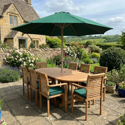 The Nobel oval extending table, 8 stacking chairs plus free cushions and a free parasol