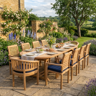 Nobel Extending 10 Seater Set, Table, 8 x Stacking Chairs + 2 x Bowood Chairs plus Free Cushions and Parasol