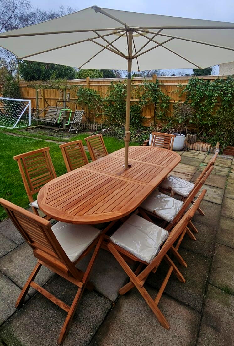 Superb Complete Teak Extending Garden Dining Set. Seats 8